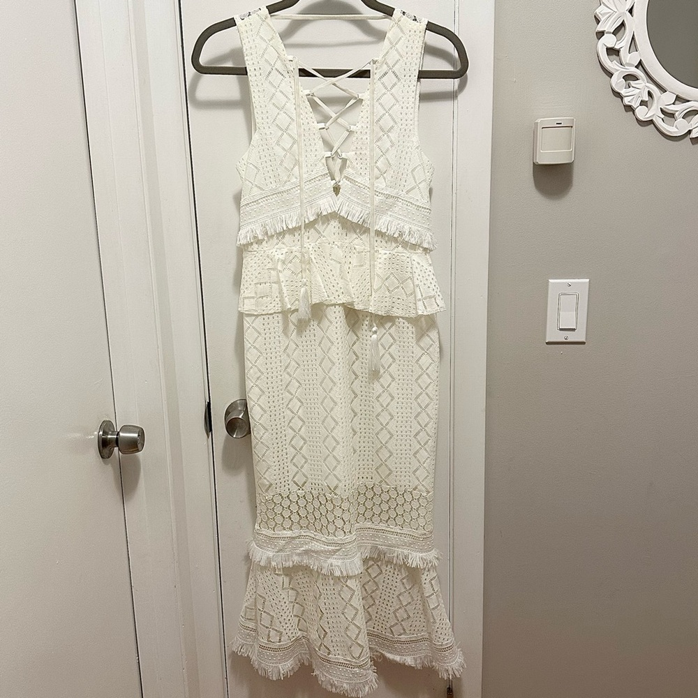 Anthropologie Foxiedox Ivory Lace Fringe Knit Midi Dress S plunge mermaid flare